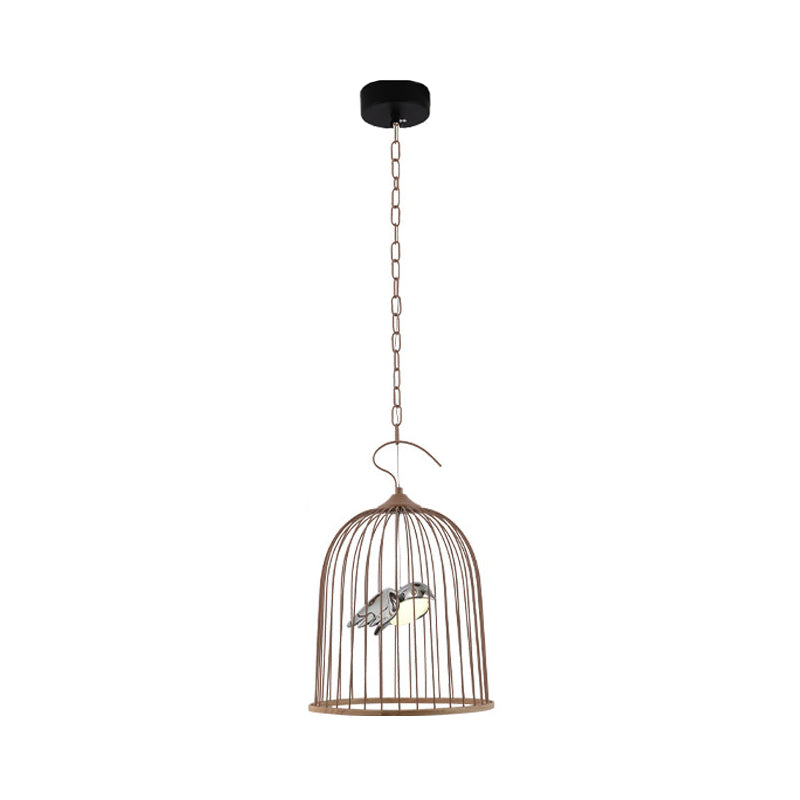 1 Bulb Cage Pendant Lamp Contemporary Metal Suspended Lighting Fixture in Black/Pink with Bird Clearhalo 'Ceiling Lights' 'Pendant Lights' 'Pendants' Lighting' 233882