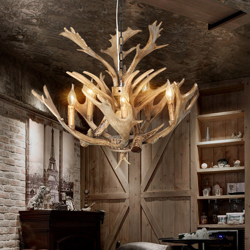 Candle Dining Room Hanging Lamp Traditional Resin 5 Bulbs Light Brown Chandelier Pendant Light Clearhalo 'Ceiling Lights' 'Chandeliers' Lighting' options 234006