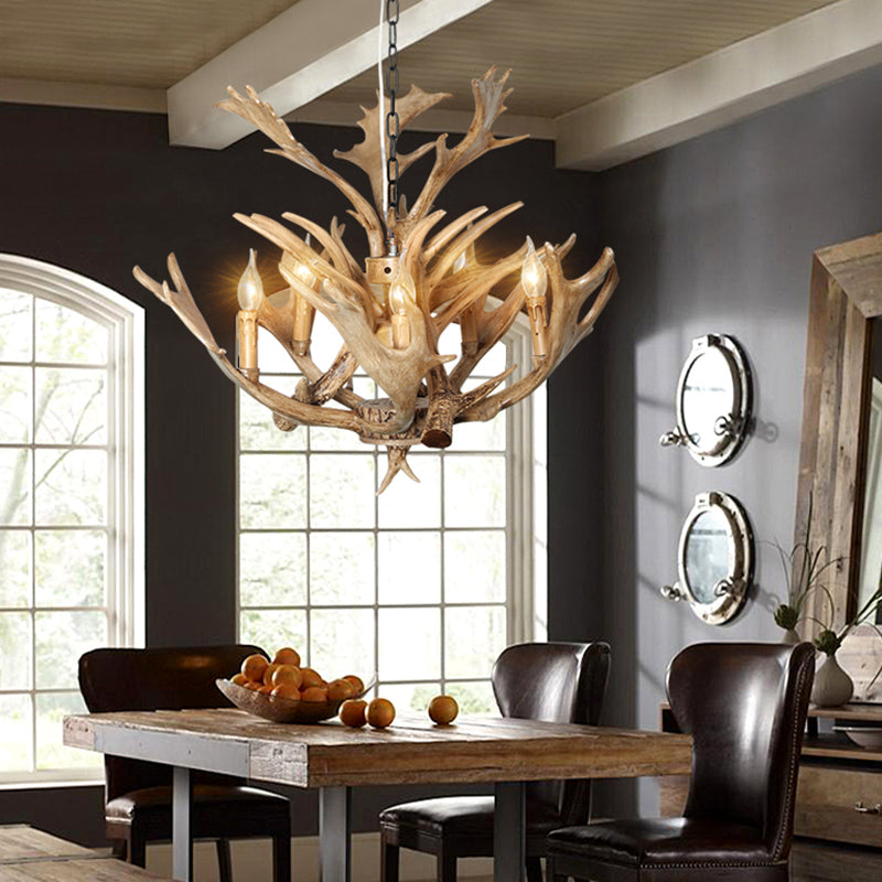 Candle Dining Room Hanging Lamp Traditional Resin 5 Bulbs Light Brown Chandelier Pendant Light Clearhalo 'Ceiling Lights' 'Chandeliers' Lighting' options 234007