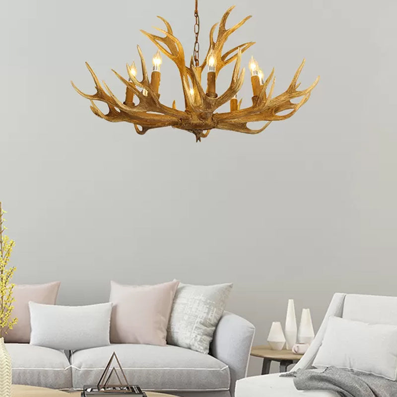 Deer Antler Resin Pendant Lighting Traditional 6/8-Bulb Living Room Chandelier Light in Brown Clearhalo 'Ceiling Lights' 'Chandeliers' Lighting' options 234062