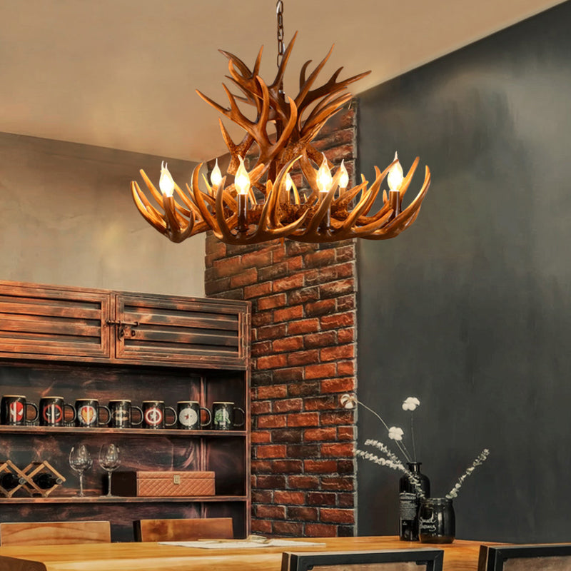 Resin Candelabra Chandelier Lamp Rural 9-Head Restaurant Pendant Ceiling Light in Brown Clearhalo 'Ceiling Lights' 'Chandeliers' Lighting' options 234077