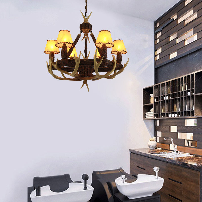 Traditional Cone Hanging Lamp 6 Bulbs Resin Chandelier Light Fixture with Fabric Shade in White/Yellow Yellow Clearhalo 'Ceiling Lights' 'Chandeliers' Lighting' options 234080_71b86c48-547d-45e7-8ba8-ca0194e0abbb