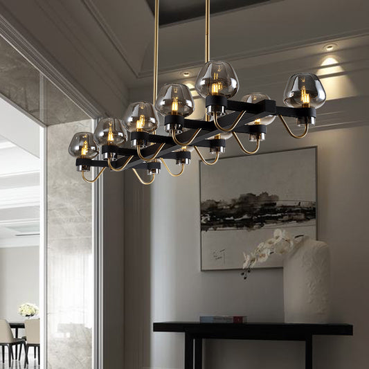 10 Bulbs Cup Island Lamp Contemporary Clear/Amber/Smoke Glass Suspended Lighting Fixture in Black/Brass for Bedroom Black Smoke Grey Clearhalo 'Ceiling Lights' 'Glass shade' 'Glass' 'Island Lights' 'Pendant Lights' Lighting' 234122