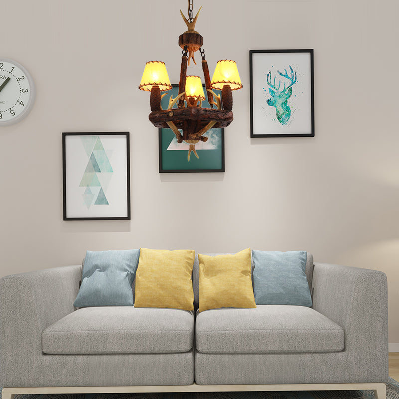 Brown Cone Pendant Chandelier Farmhouse Fabric 3-Head Living Room Hanging Ceiling Light Brown Clearhalo 'Ceiling Lights' 'Chandeliers' Lighting' options 234267_a22ab56c-c505-4f24-9dc7-9c786f81fe5d