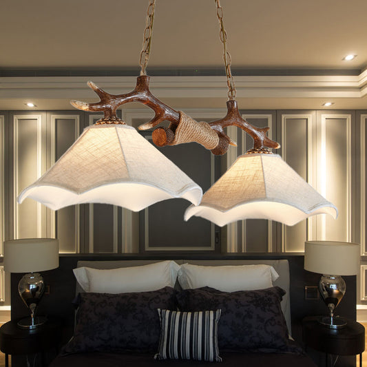 Bell Fabric Ceiling Lamp Traditional 2-Bulb Bedroom Island Light Fixture with Antler Arm in Flaxen Flaxen Clearhalo 'Ceiling Lights' 'Close To Ceiling Lights' 'Glass shade' 'Glass' 'Island Lights' Lighting' 234294