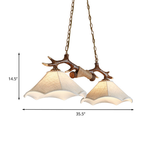 Bell Fabric Ceiling Lamp Traditional 2-Bulb Bedroom Island Light Fixture with Antler Arm in Flaxen Clearhalo 'Ceiling Lights' 'Close To Ceiling Lights' 'Glass shade' 'Glass' 'Island Lights' Lighting' 234297
