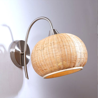 Rattan Rounded Drum Sconce Wall Light Modern Style 1 Light Chrome Finish Wall Lamp with Metal Curved Arm Chrome Clearhalo 'Wall Lamps & Sconces' 'Wall Lights' Lighting' 234590