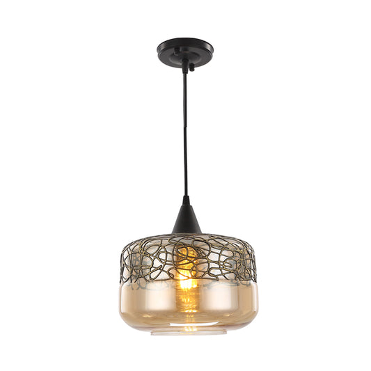 Amber Glass Drum Pendant Lighting Contemporary 1 Head Hanging Lamp Kit for Living Room Clearhalo 'Ceiling Lights' 'Glass shade' 'Glass' 'Pendant Lights' 'Pendants' Lighting' 234624