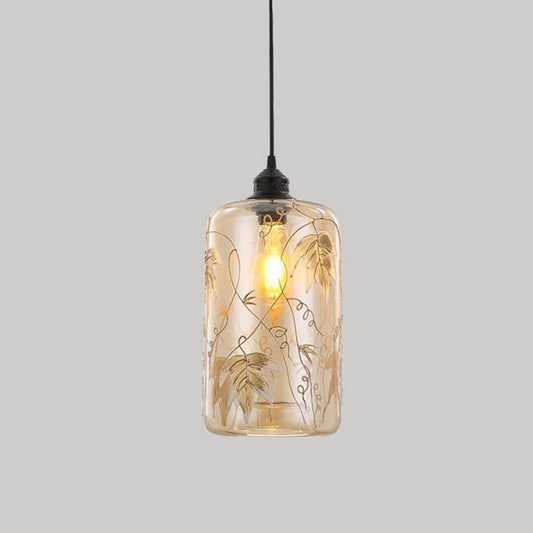 Cylindrical Hanging Light Modernism Amber Glass 1 Head Pendant Lamp with Leaf Pattern for Bedroom Clearhalo 'Ceiling Lights' 'Glass shade' 'Glass' 'Pendant Lights' 'Pendants' Lighting' 234640