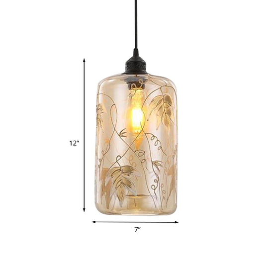 Cylindrical Hanging Light Modernism Amber Glass 1 Head Pendant Lamp with Leaf Pattern for Bedroom Clearhalo 'Ceiling Lights' 'Glass shade' 'Glass' 'Pendant Lights' 'Pendants' Lighting' 234642