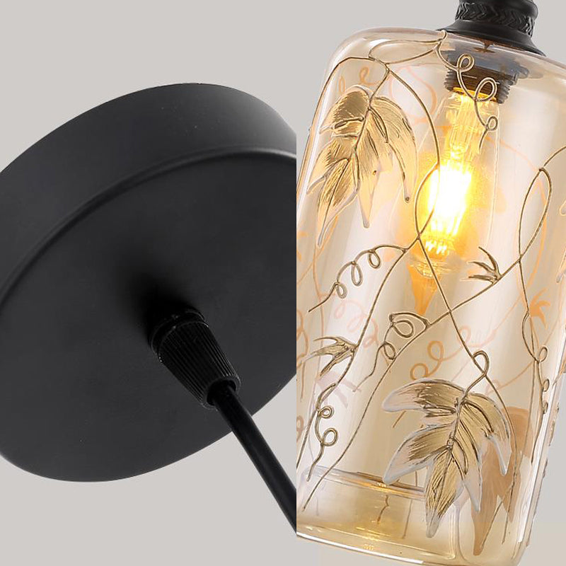 Cylindrical Hanging Light Modernism Amber Glass 1 Head Pendant Lamp with Leaf Pattern for Bedroom Clearhalo 'Ceiling Lights' 'Glass shade' 'Glass' 'Pendant Lights' 'Pendants' Lighting' 234643