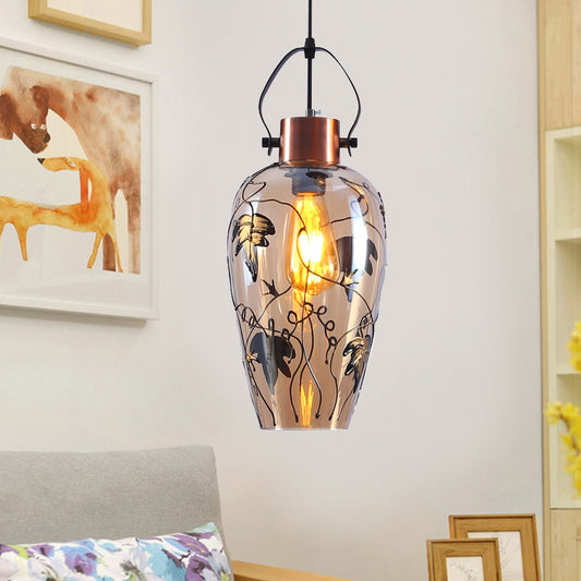 1 Bulb Pot Ceiling Lamp Traditional Copper Glass Hanging Lamp Kit with Maple Leaf Pattern Clearhalo 'Ceiling Lights' 'Glass shade' 'Glass' 'Pendant Lights' 'Pendants' Lighting' 234755