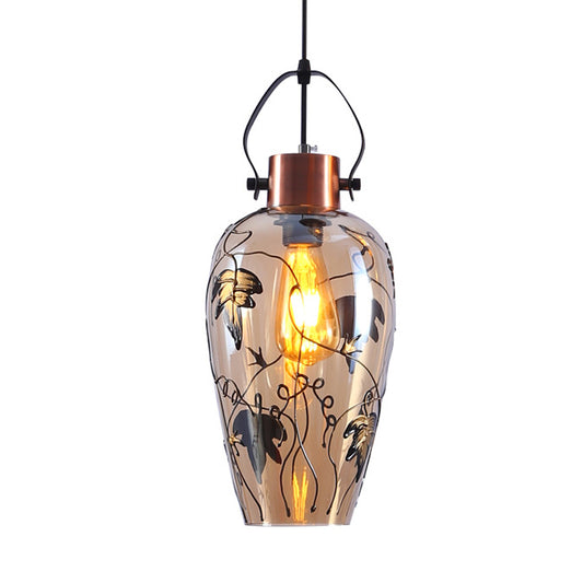 1 Bulb Pot Ceiling Lamp Traditional Copper Glass Hanging Lamp Kit with Maple Leaf Pattern Clearhalo 'Ceiling Lights' 'Glass shade' 'Glass' 'Pendant Lights' 'Pendants' Lighting' 234756