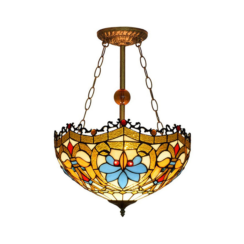 16" W Dome-Shaped Semi Flush Mount Retro Style Stained Glass 1 Light Semi Flush Light for Dining Room Clearhalo 'Ceiling Lights' 'Close To Ceiling Lights' 'Close to ceiling' 'Glass shade' 'Glass' 'Pendant Lights' 'Semi-flushmount' 'Tiffany close to ceiling' 'Tiffany' Lighting' 235013