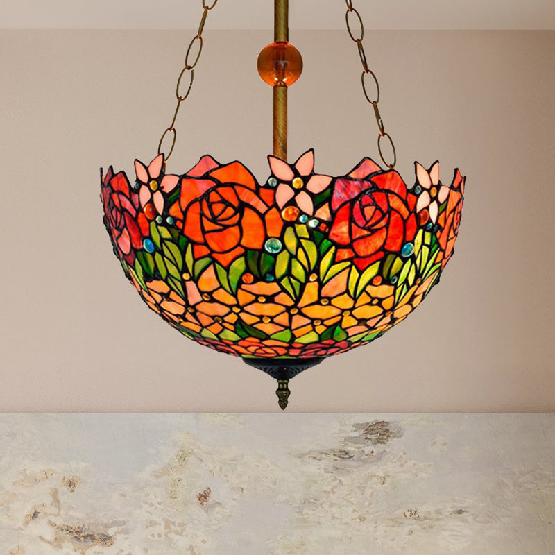 16" W Dome-Shaped Semi Flush Mount Retro Style Stained Glass 1 Light Semi Flush Light for Dining Room Red 16" Clearhalo 'Ceiling Lights' 'Close To Ceiling Lights' 'Close to ceiling' 'Glass shade' 'Glass' 'Pendant Lights' 'Semi-flushmount' 'Tiffany close to ceiling' 'Tiffany' Lighting' 235018