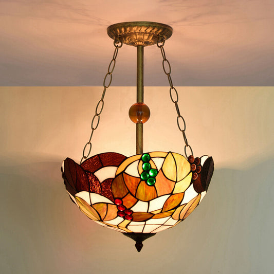 16" W Dome-Shaped Semi Flush Mount Retro Style Stained Glass 1 Light Semi Flush Light for Dining Room Beige 16" Clearhalo 'Ceiling Lights' 'Close To Ceiling Lights' 'Close to ceiling' 'Glass shade' 'Glass' 'Pendant Lights' 'Semi-flushmount' 'Tiffany close to ceiling' 'Tiffany' Lighting' 235028