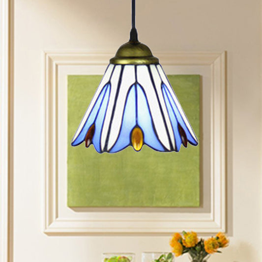 Tiffany-Style Wide Flare Ceiling Lamp 1 Bulb Blue Handcrafted Art Glass Pendant Light Fixture with Flower Pattern Blue Clearhalo 'Ceiling Lights' 'Industrial' 'Middle Century Pendants' 'Pendant Lights' 'Pendants' 'Tiffany close to ceiling' 'Tiffany Pendants' 'Tiffany' Lighting' 235040