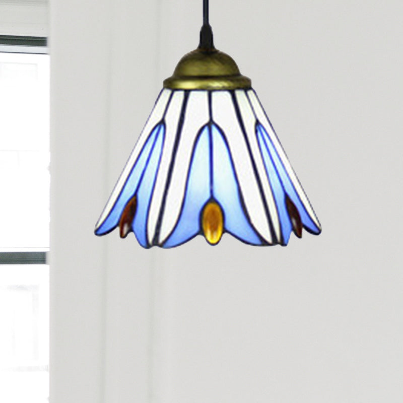 Tiffany-Style Wide Flare Ceiling Lamp 1 Bulb Blue Handcrafted Art Glass Pendant Light Fixture with Flower Pattern Clearhalo 'Ceiling Lights' 'Industrial' 'Middle Century Pendants' 'Pendant Lights' 'Pendants' 'Tiffany close to ceiling' 'Tiffany Pendants' 'Tiffany' Lighting' 235041