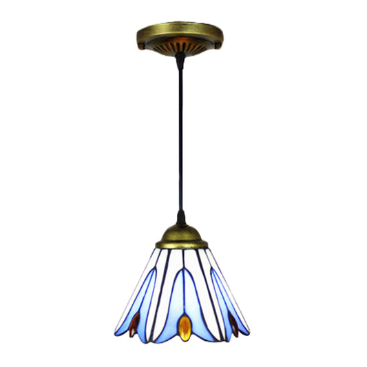 Tiffany-Style Wide Flare Ceiling Lamp 1 Bulb Blue Handcrafted Art Glass Pendant Light Fixture with Flower Pattern Clearhalo 'Ceiling Lights' 'Industrial' 'Middle Century Pendants' 'Pendant Lights' 'Pendants' 'Tiffany close to ceiling' 'Tiffany Pendants' 'Tiffany' Lighting' 235042
