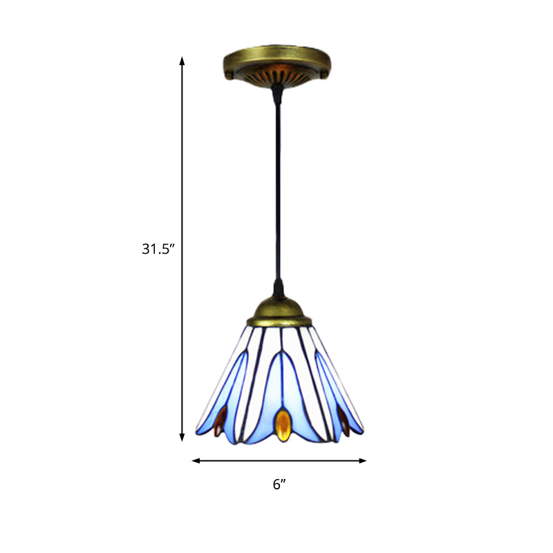 Tiffany-Style Wide Flare Ceiling Lamp 1 Bulb Blue Handcrafted Art Glass Pendant Light Fixture with Flower Pattern Clearhalo 'Ceiling Lights' 'Industrial' 'Middle Century Pendants' 'Pendant Lights' 'Pendants' 'Tiffany close to ceiling' 'Tiffany Pendants' 'Tiffany' Lighting' 235043
