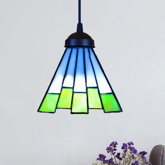 Green Tapered Pendant Ceiling Light Tiffany 1 Head Multicolored Stained Glass Hanging Lamp for Living Room Clearhalo 'Ceiling Lights' 'Industrial' 'Middle Century Pendants' 'Pendant Lights' 'Pendants' 'Tiffany close to ceiling' 'Tiffany Pendants' 'Tiffany' Lighting' 235045