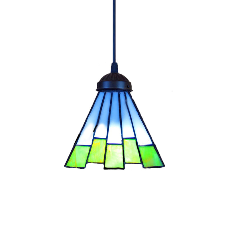 Green Tapered Pendant Ceiling Light Tiffany 1 Head Multicolored Stained Glass Hanging Lamp for Living Room Clearhalo 'Ceiling Lights' 'Industrial' 'Middle Century Pendants' 'Pendant Lights' 'Pendants' 'Tiffany close to ceiling' 'Tiffany Pendants' 'Tiffany' Lighting' 235046