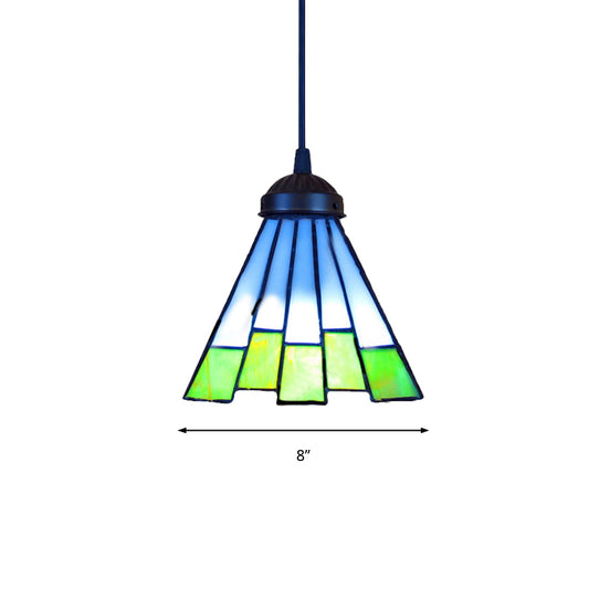 Green Tapered Pendant Ceiling Light Tiffany 1 Head Multicolored Stained Glass Hanging Lamp for Living Room Clearhalo 'Ceiling Lights' 'Industrial' 'Middle Century Pendants' 'Pendant Lights' 'Pendants' 'Tiffany close to ceiling' 'Tiffany Pendants' 'Tiffany' Lighting' 235047