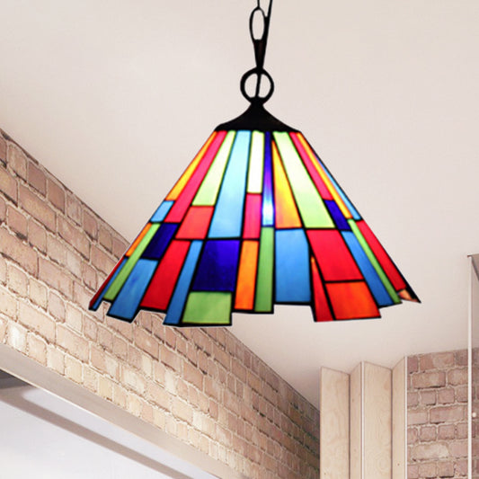 Stained Glass Conical Hanging Lamp Tiffany 1 Bulb Black Ceiling Pendant for Dining Room, 12"/16" Wide Black 12" Clearhalo 'Ceiling Lights' 'Industrial' 'Middle Century Pendants' 'Pendant Lights' 'Pendants' 'Tiffany close to ceiling' 'Tiffany Pendants' 'Tiffany' Lighting' 235048