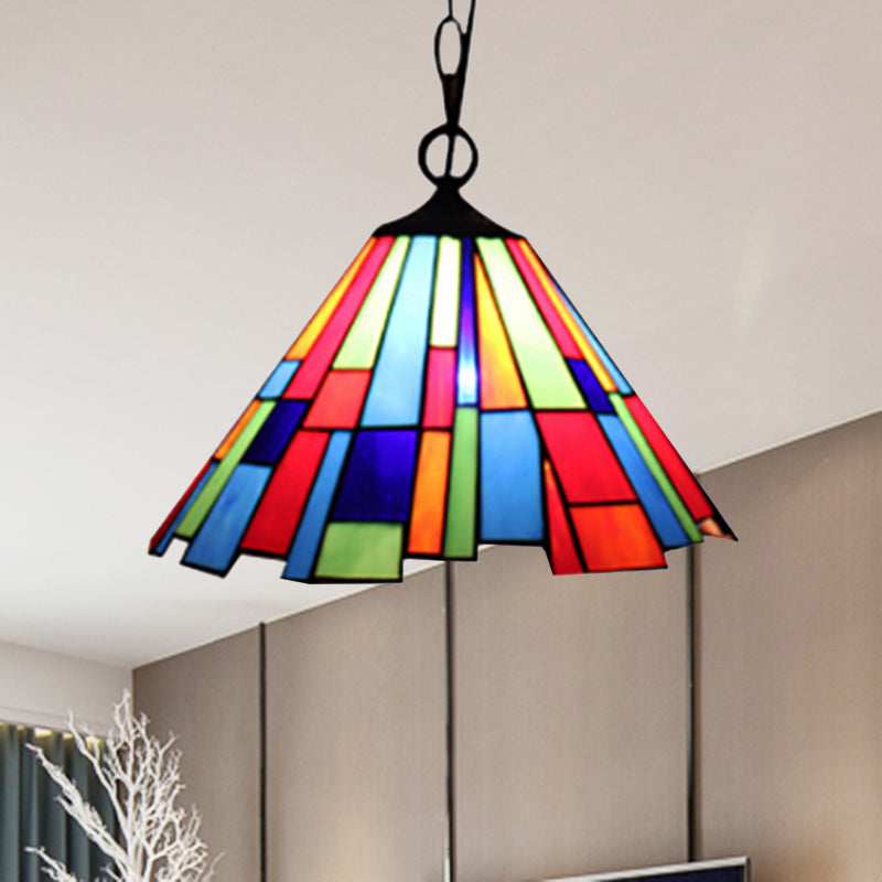 Stained Glass Conical Hanging Lamp Tiffany 1 Bulb Black Ceiling Pendant for Dining Room, 12"/16" Wide Clearhalo 'Ceiling Lights' 'Industrial' 'Middle Century Pendants' 'Pendant Lights' 'Pendants' 'Tiffany close to ceiling' 'Tiffany Pendants' 'Tiffany' Lighting' 235049