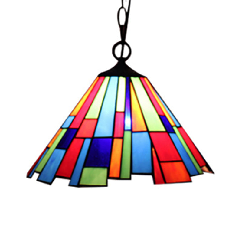 Stained Glass Conical Hanging Lamp Tiffany 1 Bulb Black Ceiling Pendant for Dining Room, 12"/16" Wide Clearhalo 'Ceiling Lights' 'Industrial' 'Middle Century Pendants' 'Pendant Lights' 'Pendants' 'Tiffany close to ceiling' 'Tiffany Pendants' 'Tiffany' Lighting' 235050