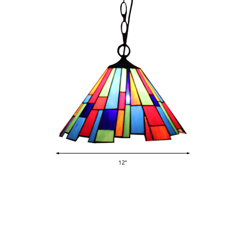 Stained Glass Conical Hanging Lamp Tiffany 1 Bulb Black Ceiling Pendant for Dining Room, 12"/16" Wide Clearhalo 'Ceiling Lights' 'Industrial' 'Middle Century Pendants' 'Pendant Lights' 'Pendants' 'Tiffany close to ceiling' 'Tiffany Pendants' 'Tiffany' Lighting' 235051