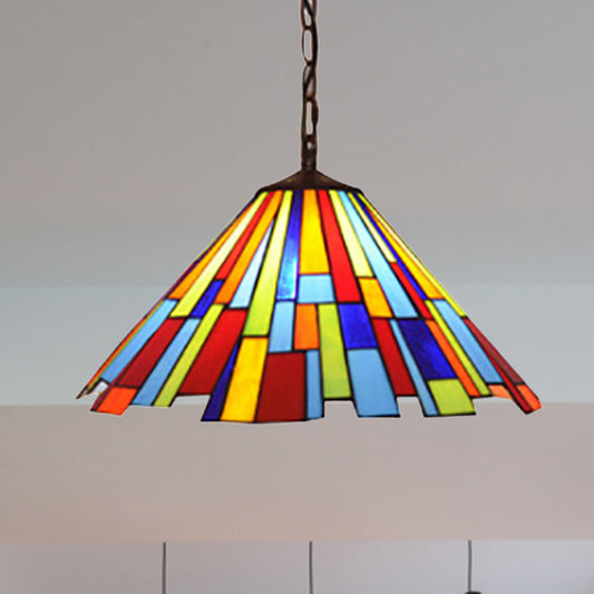 Stained Glass Conical Hanging Lamp Tiffany 1 Bulb Black Ceiling Pendant for Dining Room, 12"/16" Wide Black 16" Clearhalo 'Ceiling Lights' 'Industrial' 'Middle Century Pendants' 'Pendant Lights' 'Pendants' 'Tiffany close to ceiling' 'Tiffany Pendants' 'Tiffany' Lighting' 235052
