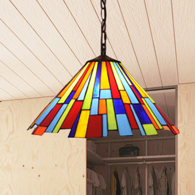 Stained Glass Conical Hanging Lamp Tiffany 1 Bulb Black Ceiling Pendant for Dining Room, 12"/16" Wide Clearhalo 'Ceiling Lights' 'Industrial' 'Middle Century Pendants' 'Pendant Lights' 'Pendants' 'Tiffany close to ceiling' 'Tiffany Pendants' 'Tiffany' Lighting' 235053