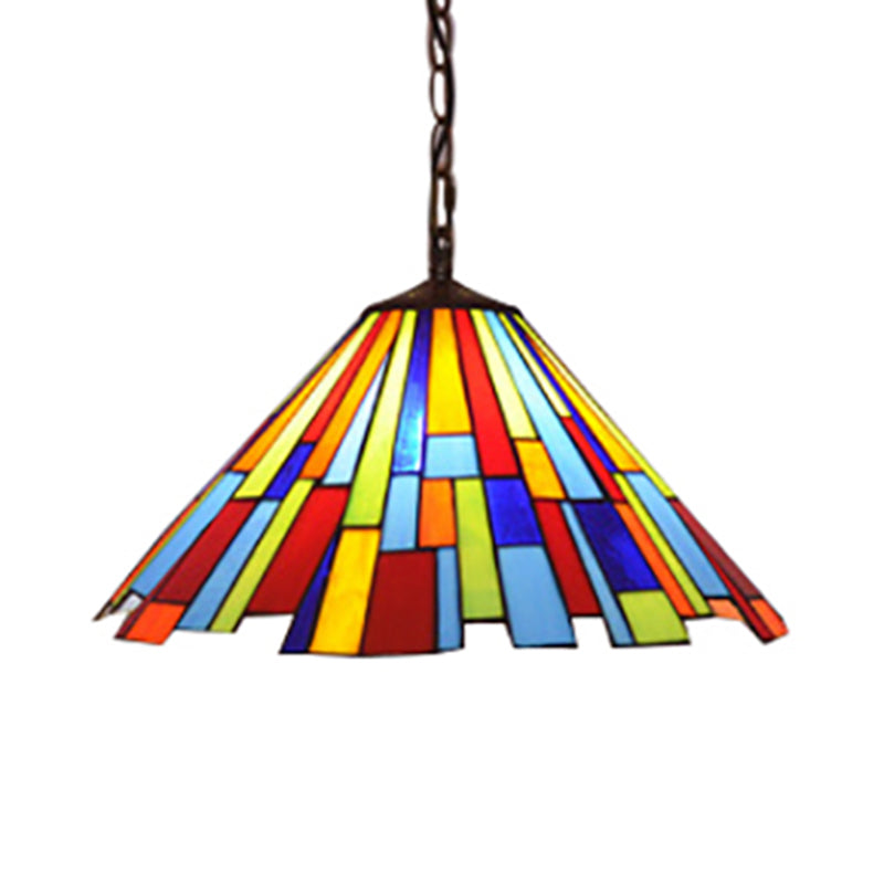 Stained Glass Conical Hanging Lamp Tiffany 1 Bulb Black Ceiling Pendant for Dining Room, 12"/16" Wide Clearhalo 'Ceiling Lights' 'Industrial' 'Middle Century Pendants' 'Pendant Lights' 'Pendants' 'Tiffany close to ceiling' 'Tiffany Pendants' 'Tiffany' Lighting' 235054