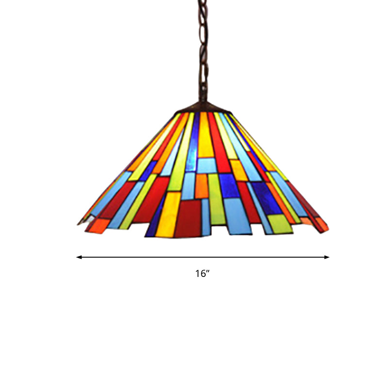 Stained Glass Conical Hanging Lamp Tiffany 1 Bulb Black Ceiling Pendant for Dining Room, 12"/16" Wide Clearhalo 'Ceiling Lights' 'Industrial' 'Middle Century Pendants' 'Pendant Lights' 'Pendants' 'Tiffany close to ceiling' 'Tiffany Pendants' 'Tiffany' Lighting' 235055