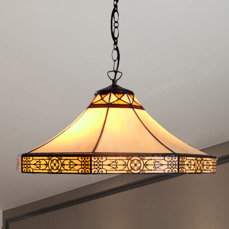 Cone Pendant Light Single Bulb Stained Glass Tiffany-Style Hanging Lamp in Beige for Living Room Beige Clearhalo 'Ceiling Lights' 'Industrial' 'Middle Century Pendants' 'Pendant Lights' 'Pendants' 'Tiffany close to ceiling' 'Tiffany Pendants' 'Tiffany' Lighting' 235056