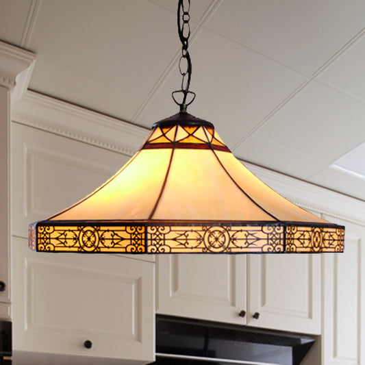 Cone Pendant Light Single Bulb Stained Glass Tiffany-Style Hanging Lamp in Beige for Living Room Clearhalo 'Ceiling Lights' 'Industrial' 'Middle Century Pendants' 'Pendant Lights' 'Pendants' 'Tiffany close to ceiling' 'Tiffany Pendants' 'Tiffany' Lighting' 235057