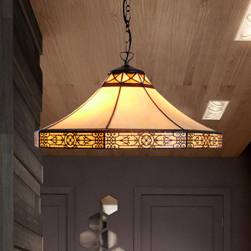 Cone Pendant Light Single Bulb Stained Glass Tiffany-Style Hanging Lamp in Beige for Living Room Clearhalo 'Ceiling Lights' 'Industrial' 'Middle Century Pendants' 'Pendant Lights' 'Pendants' 'Tiffany close to ceiling' 'Tiffany Pendants' 'Tiffany' Lighting' 235058