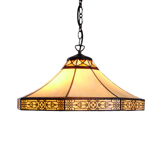 Cone Pendant Light Single Bulb Stained Glass Tiffany-Style Hanging Lamp in Beige for Living Room Clearhalo 'Ceiling Lights' 'Industrial' 'Middle Century Pendants' 'Pendant Lights' 'Pendants' 'Tiffany close to ceiling' 'Tiffany Pendants' 'Tiffany' Lighting' 235059