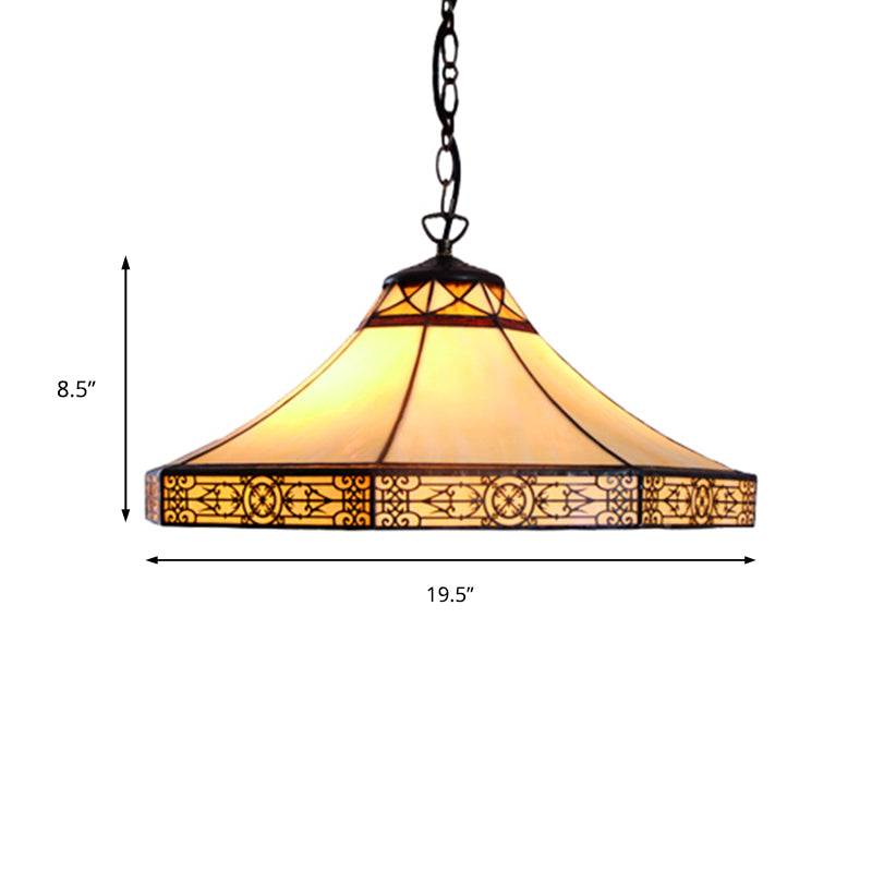 Cone Pendant Light Single Bulb Stained Glass Tiffany-Style Hanging Lamp in Beige for Living Room Clearhalo 'Ceiling Lights' 'Industrial' 'Middle Century Pendants' 'Pendant Lights' 'Pendants' 'Tiffany close to ceiling' 'Tiffany Pendants' 'Tiffany' Lighting' 235060
