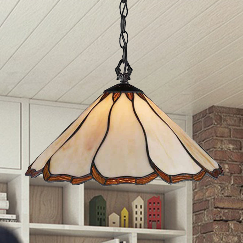 Flared Hanging Light 1 Bulb Beige Stained Glass Tiffany-Style Ceiling Pendant Light for Bedroom Clearhalo 'Ceiling Lights' 'Industrial' 'Middle Century Pendants' 'Pendant Lights' 'Pendants' 'Tiffany close to ceiling' 'Tiffany Pendants' 'Tiffany' Lighting' 235069
