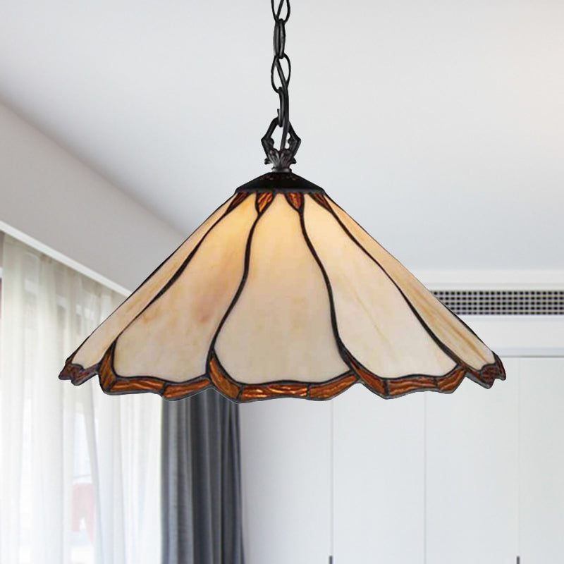 Flared Hanging Light 1 Bulb Beige Stained Glass Tiffany-Style Ceiling Pendant Light for Bedroom Clearhalo 'Ceiling Lights' 'Industrial' 'Middle Century Pendants' 'Pendant Lights' 'Pendants' 'Tiffany close to ceiling' 'Tiffany Pendants' 'Tiffany' Lighting' 235070