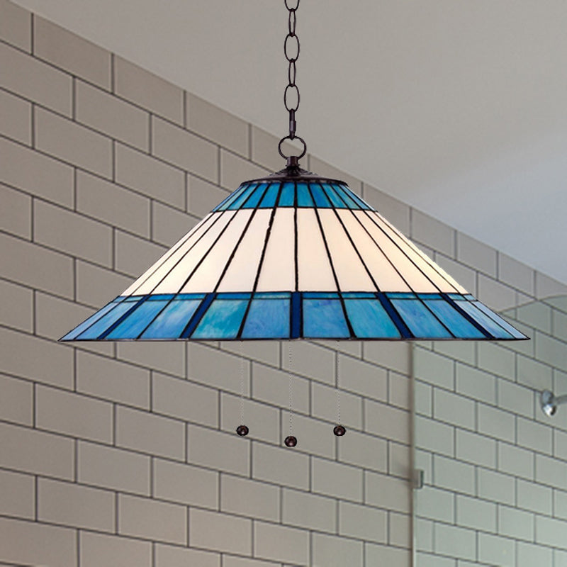 Tapered Pendant Light 16"/19.5" W Single Bulb Stained Glass Tiffany-Style Hanging Lamp in Blue Blue 19.5" Clearhalo 'Ceiling Lights' 'Industrial' 'Middle Century Pendants' 'Pendant Lights' 'Pendants' 'Tiffany close to ceiling' 'Tiffany Pendants' 'Tiffany' Lighting' 235082