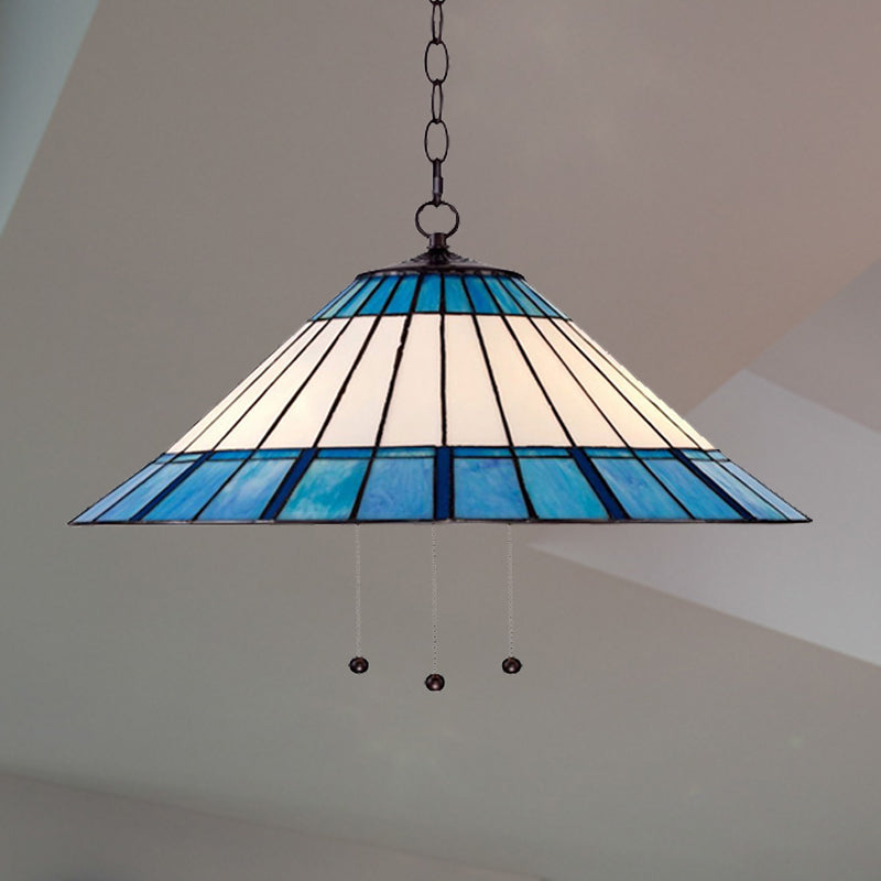 Tapered Pendant Light 16"/19.5" W Single Bulb Stained Glass Tiffany-Style Hanging Lamp in Blue Clearhalo 'Ceiling Lights' 'Industrial' 'Middle Century Pendants' 'Pendant Lights' 'Pendants' 'Tiffany close to ceiling' 'Tiffany Pendants' 'Tiffany' Lighting' 235083