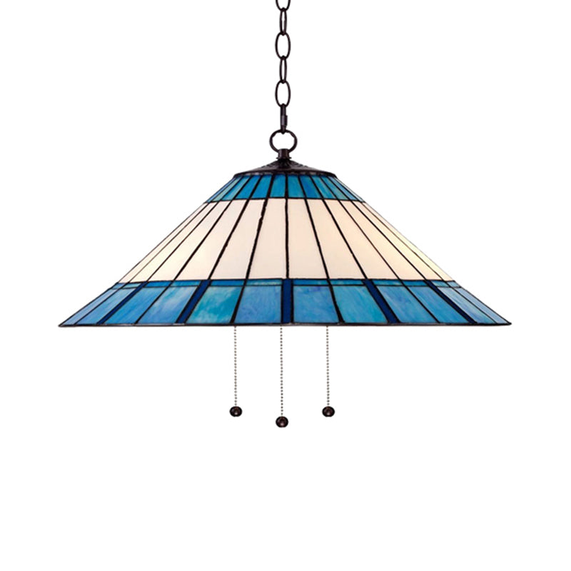 Tapered Pendant Light 16"/19.5" W Single Bulb Stained Glass Tiffany-Style Hanging Lamp in Blue Clearhalo 'Ceiling Lights' 'Industrial' 'Middle Century Pendants' 'Pendant Lights' 'Pendants' 'Tiffany close to ceiling' 'Tiffany Pendants' 'Tiffany' Lighting' 235084