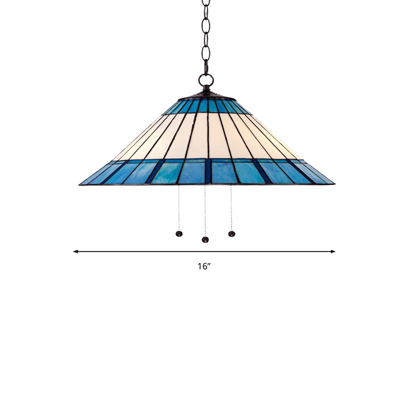 Tapered Pendant Light 16"/19.5" W Single Bulb Stained Glass Tiffany-Style Hanging Lamp in Blue Clearhalo 'Ceiling Lights' 'Industrial' 'Middle Century Pendants' 'Pendant Lights' 'Pendants' 'Tiffany close to ceiling' 'Tiffany Pendants' 'Tiffany' Lighting' 235085