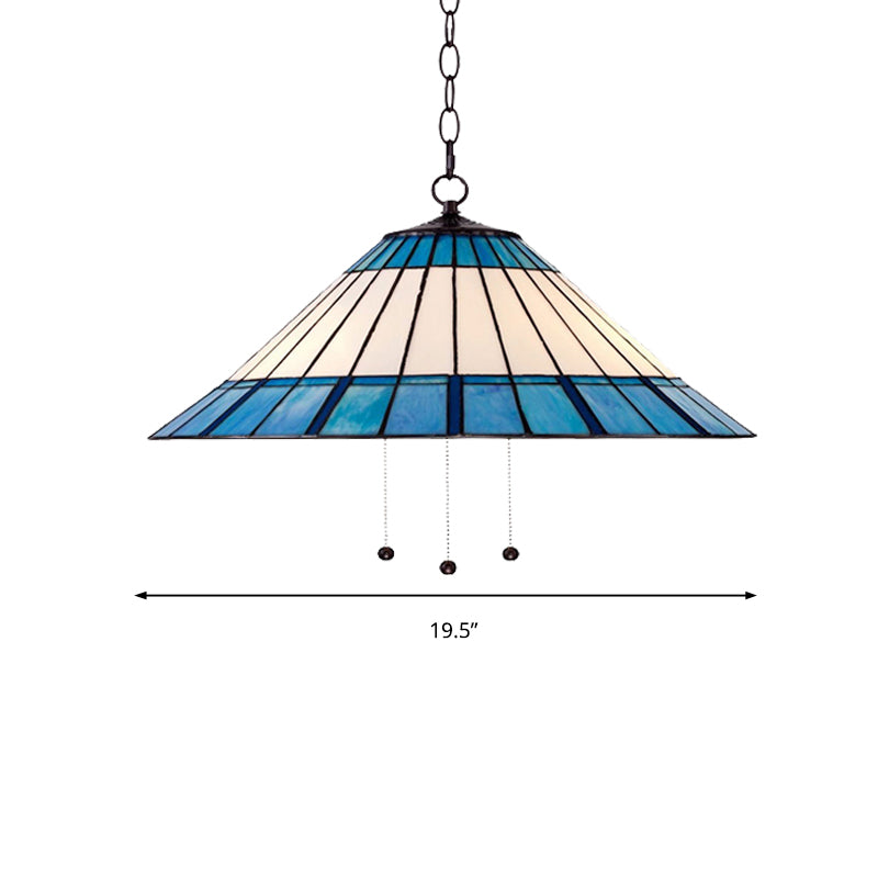 Tapered Pendant Light 16"/19.5" W Single Bulb Stained Glass Tiffany-Style Hanging Lamp in Blue Clearhalo 'Ceiling Lights' 'Industrial' 'Middle Century Pendants' 'Pendant Lights' 'Pendants' 'Tiffany close to ceiling' 'Tiffany Pendants' 'Tiffany' Lighting' 235086