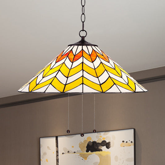 16"/18" W Single Head Conical Hanging Pendant Tiffany Orange and Yellow Hand Rolled Art Glass Ceiling Light for Bedroom Orange-Yellow 18" Clearhalo 'Ceiling Lights' 'Industrial' 'Middle Century Pendants' 'Pendant Lights' 'Pendants' 'Tiffany close to ceiling' 'Tiffany Pendants' 'Tiffany' Lighting' 235089