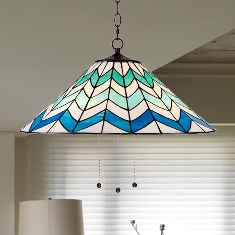 16"/19.5" W Tiffany-Style Cone Pendant Light Fixture Single Head Stained Art Glass Down Lighting in Blue Blue 19.5" Clearhalo 'Ceiling Lights' 'Industrial' 'Middle Century Pendants' 'Pendant Lights' 'Pendants' 'Tiffany close to ceiling' 'Tiffany Pendants' 'Tiffany' Lighting' 235095