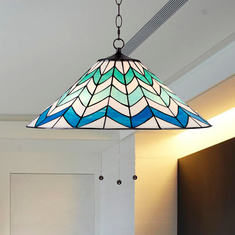 16"/19.5" W Tiffany-Style Cone Pendant Light Fixture Single Head Stained Art Glass Down Lighting in Blue Blue 16" Clearhalo 'Ceiling Lights' 'Industrial' 'Middle Century Pendants' 'Pendant Lights' 'Pendants' 'Tiffany close to ceiling' 'Tiffany Pendants' 'Tiffany' Lighting' 235096